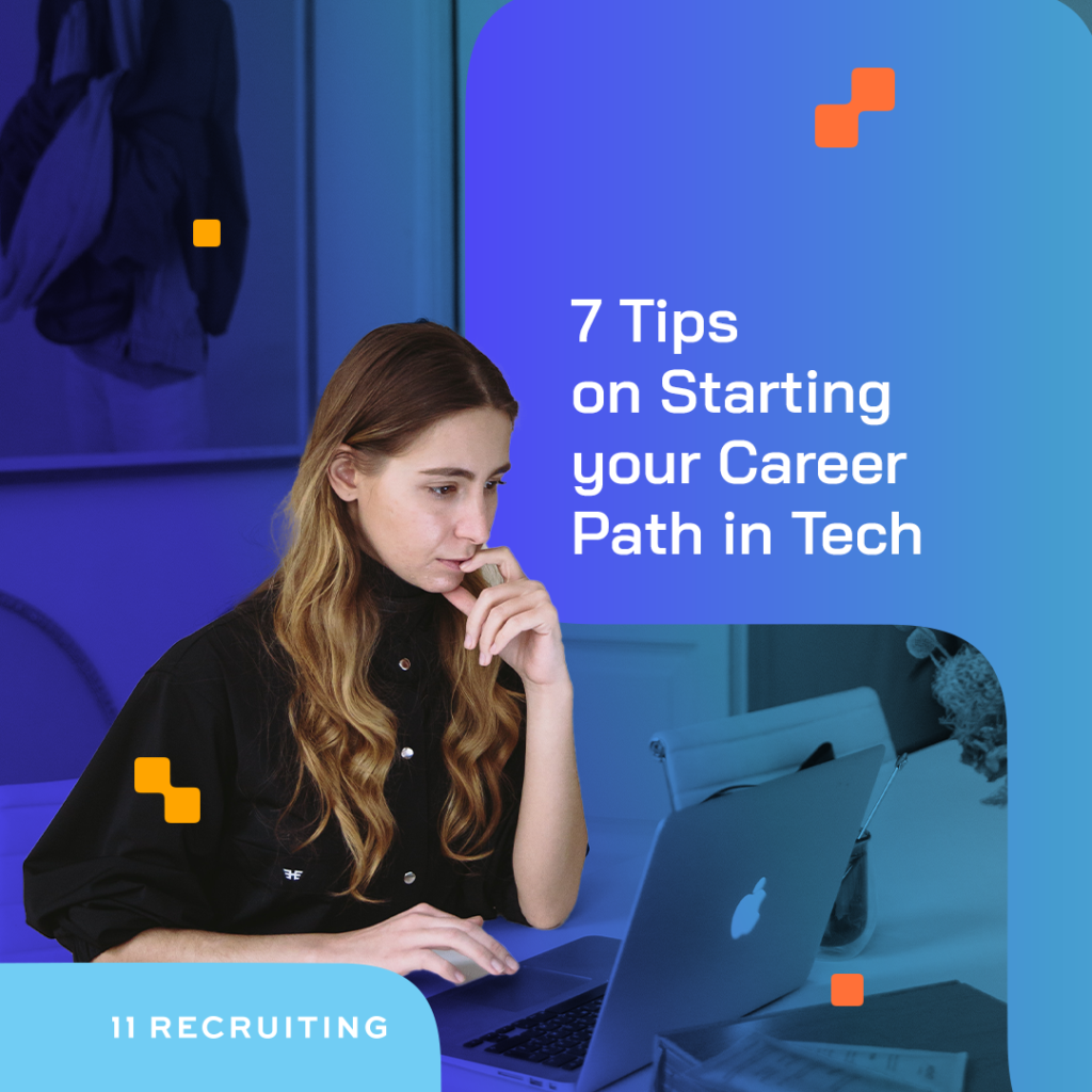 7 Tips on Starting your Career Path in Tech in white text and a woman with her laptop at the background