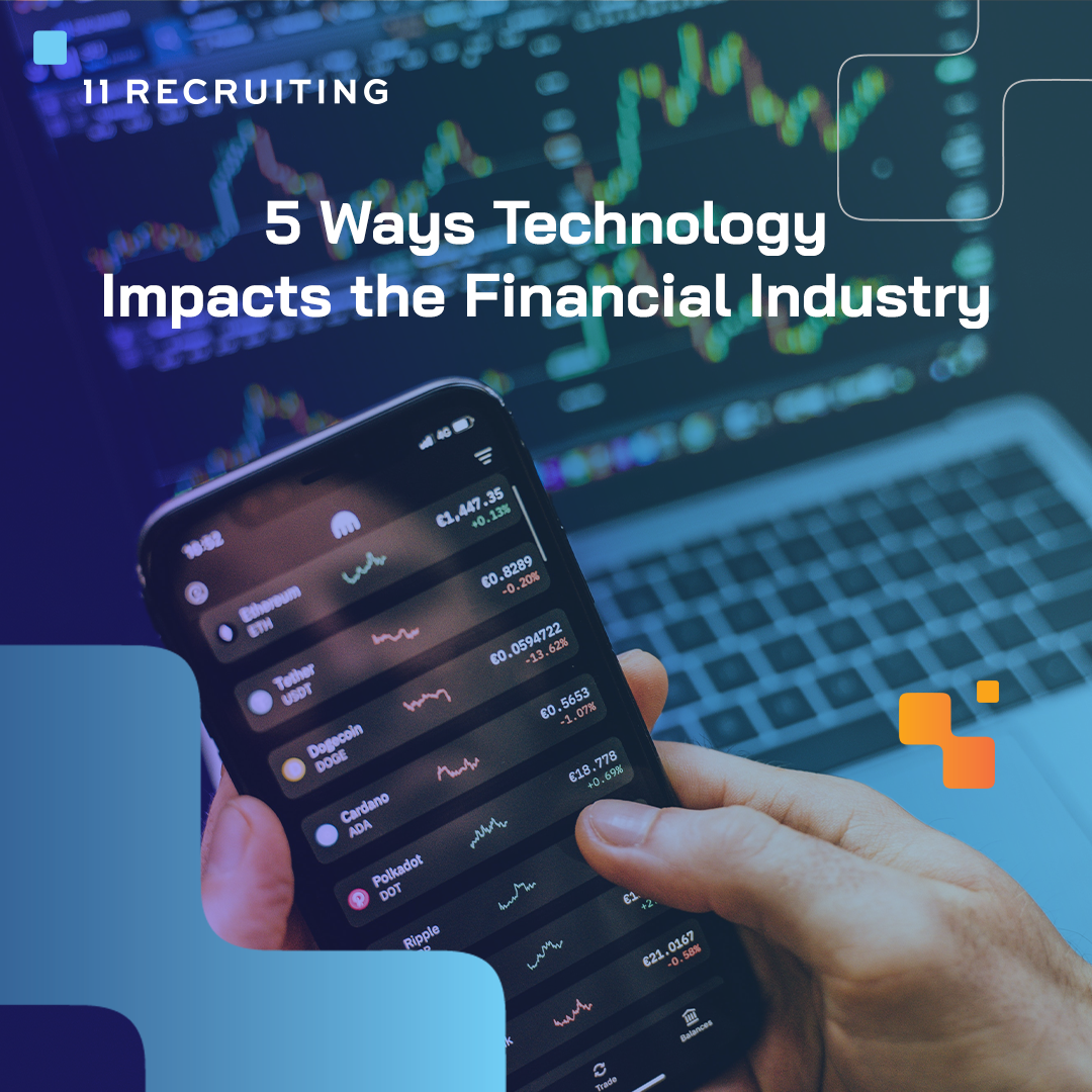 5 ways Technology Impacts the financial Industry in white text and phone on the background