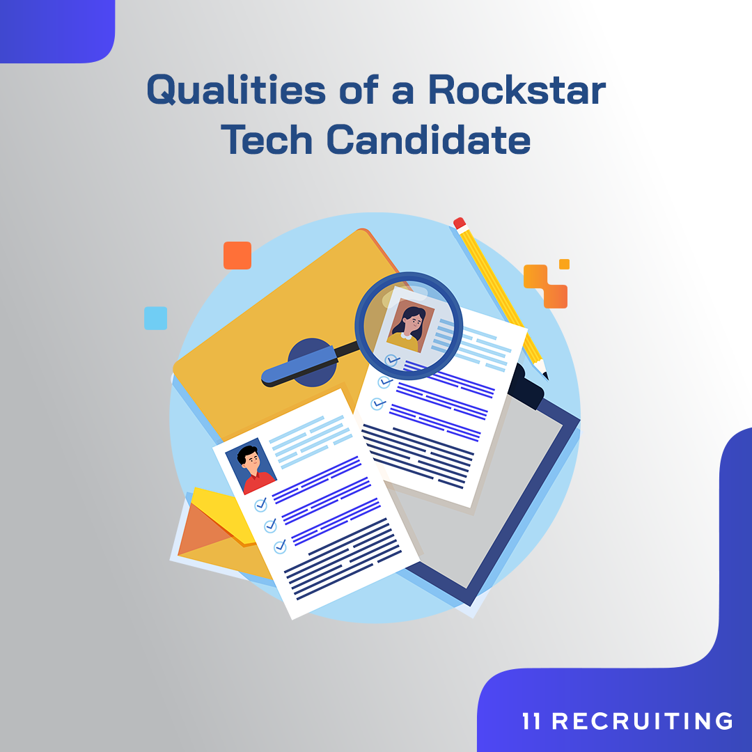 A visual of Qualities of Tech Job Rockstar Candidate with a streamlined resumes and a yellow organizer